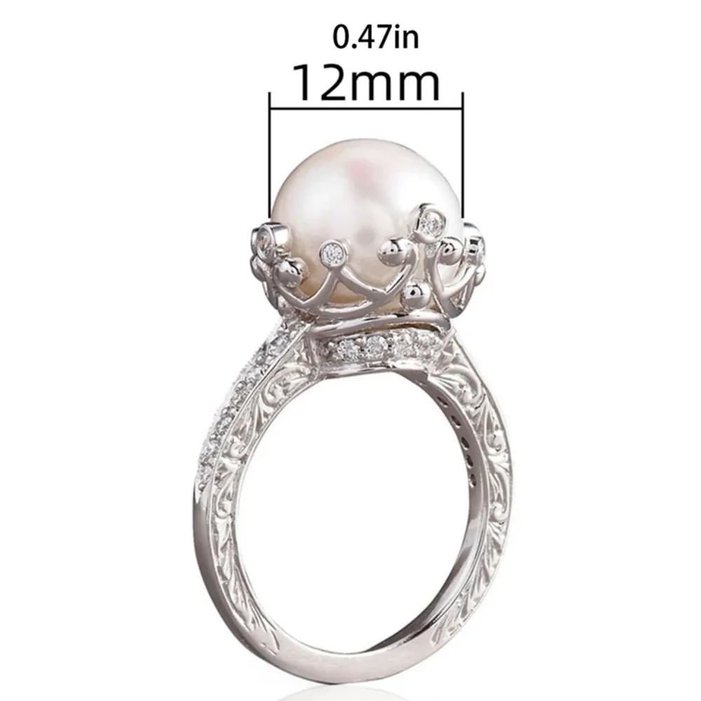 🔥Fleur de Lys Crown 12MM Faux Pearl Ring in Silvertone Size 6 - Picture 2 of 2